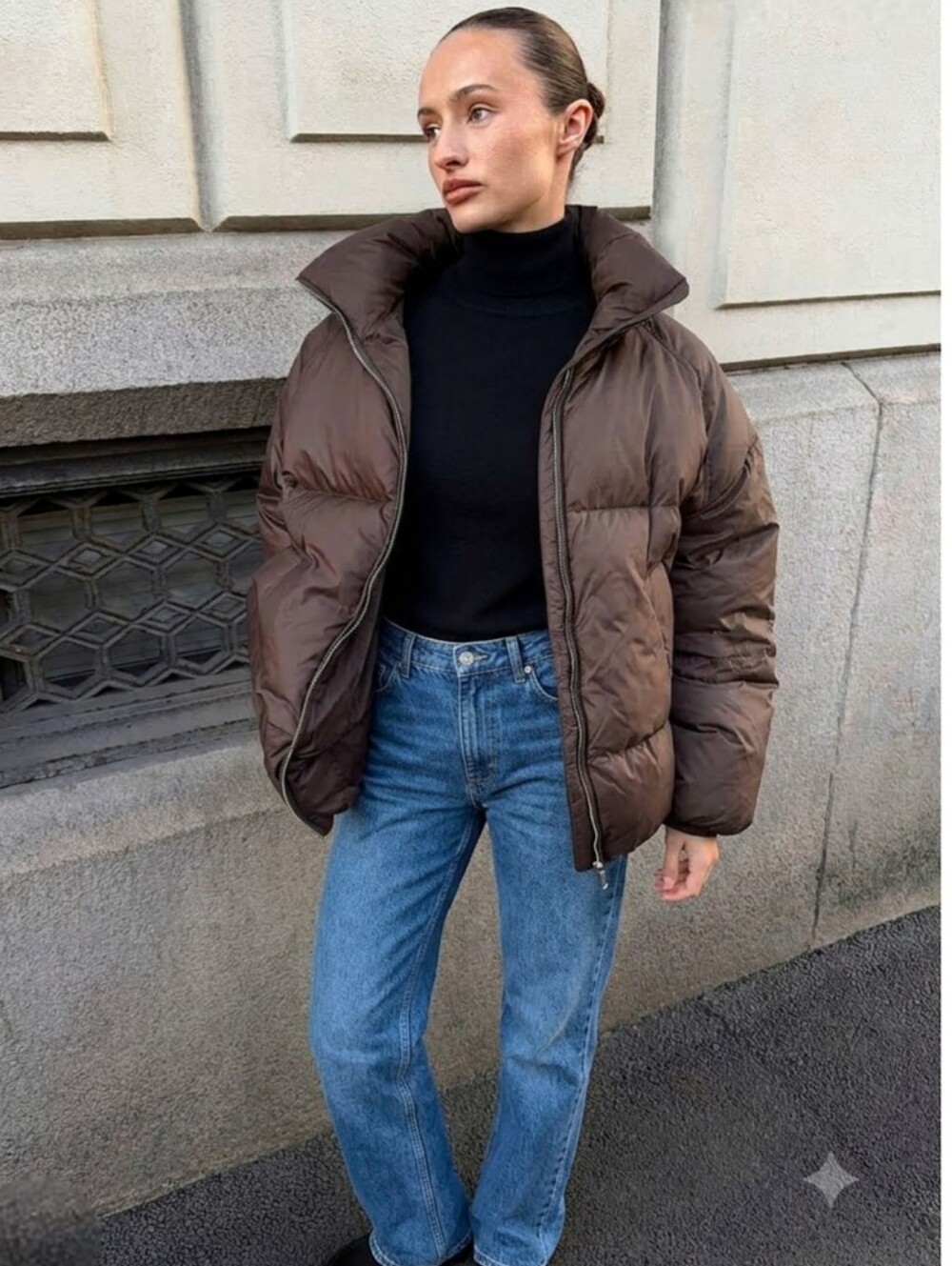 Zara Womens Puffer Jacket Chocolate Brown Long Sleeve Sz Large Capsule Wardrob